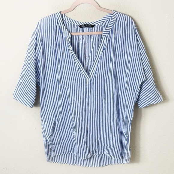 Zara Striped Blue White Vneck Top Blouse Tunic size small - Picture 1 of 8